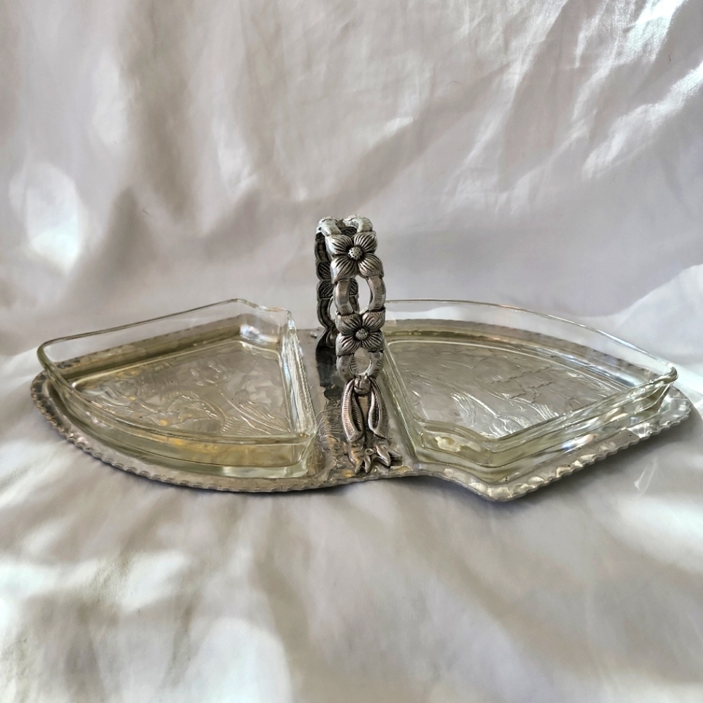 Vintage Rodney Kent Pickle Tray Relish Hand Forged Aluminum 2 Glass Inserts #462